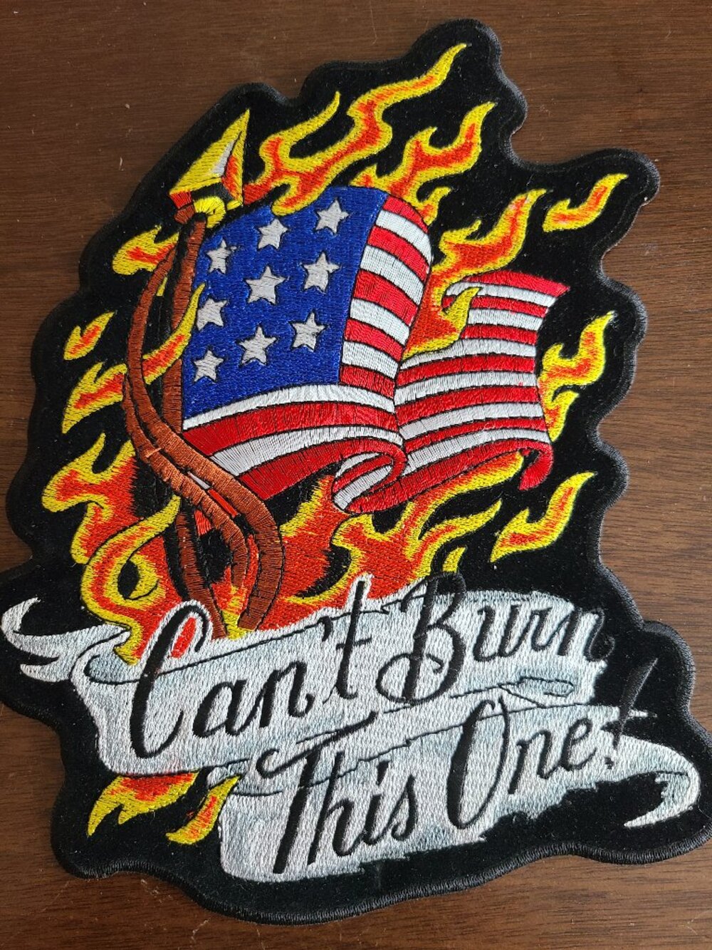 Large Flaming US American Flag Can't Burn This One Embroidered Back Patch NEW